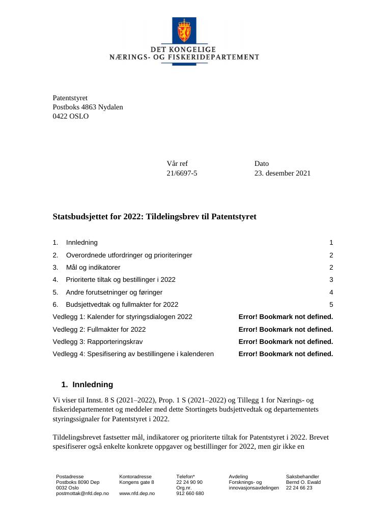 Forsiden av dokumentet Tildelingsbrev Patentstyret 2022
