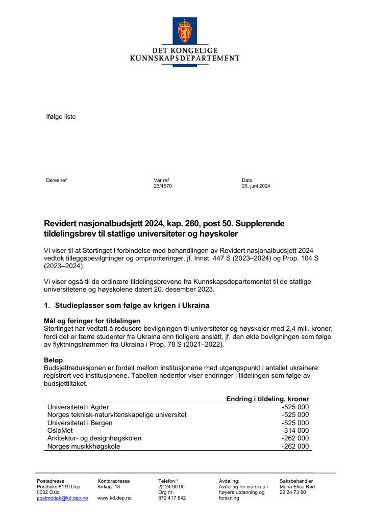 Forsiden av dokumentet Tildelingsbrev Universiteter og høyskoler 2024 - tillegg