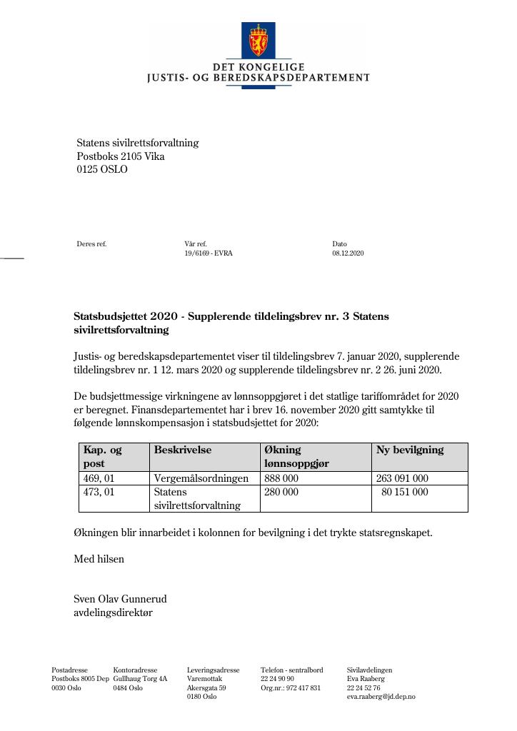 Forsiden av dokumentet Supplerende tildelingsbrev Statens sivilrettsforvaltning 2020 - tillegg nr. 3