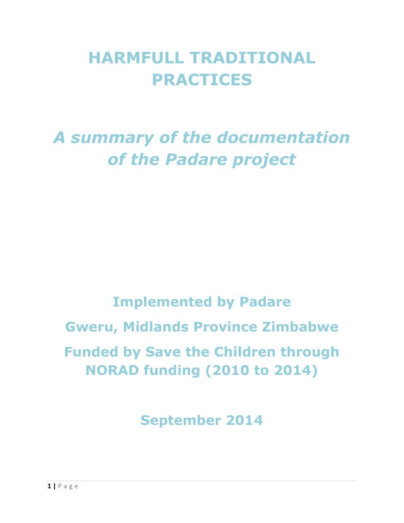 Forsiden av dokumentet Harmfull Traditional Practices: A Summary of the documentation of the Padare Project