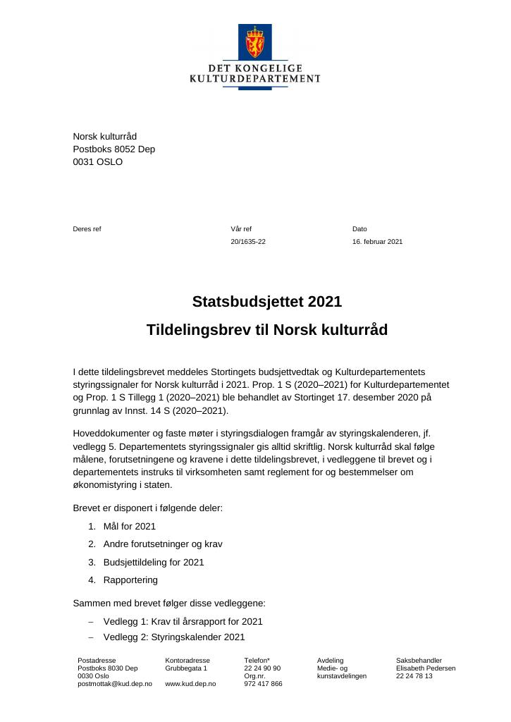 Forsiden av dokumentet Tildelingsbrev Norsk kulturråd 2021