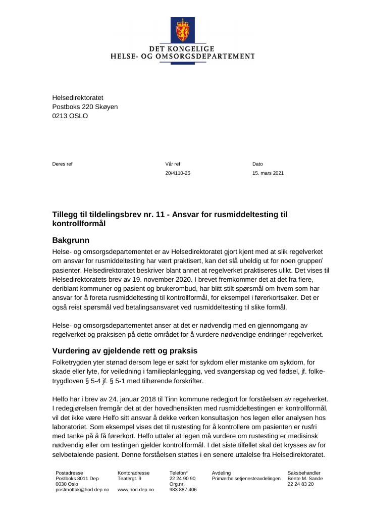 Forsiden av dokumentet Tildelingsbrev Helsedirektoratet 2021 - tillegg nr. 11