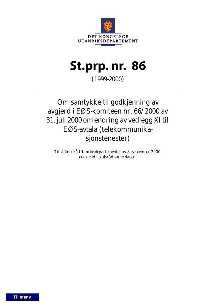 Forsiden av dokumentet St.prp. nr. 86 (1999-2000)