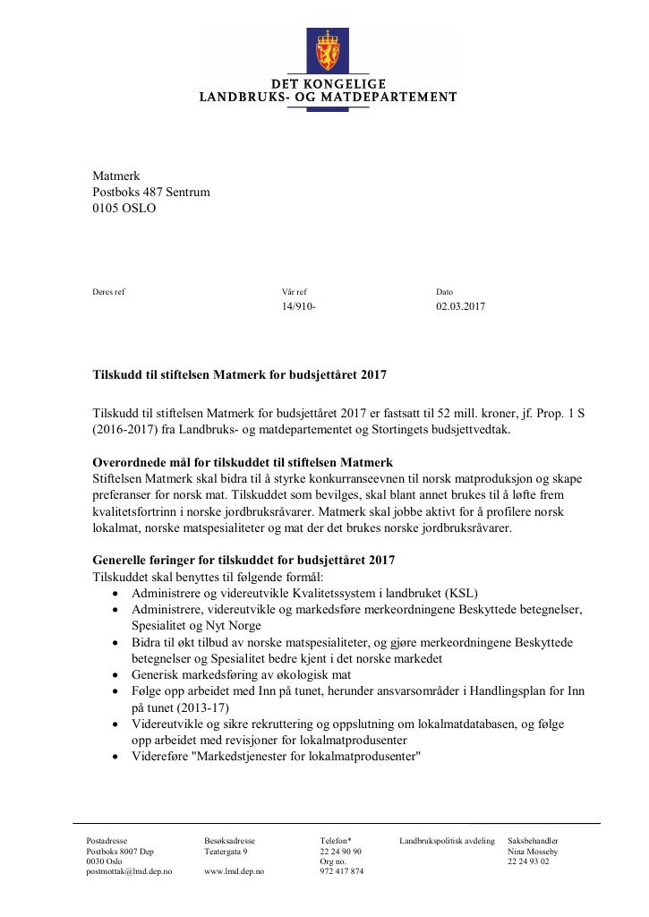 Forsiden av dokumentet Tilskuddsbrev stiftelsen Matmerk 2017