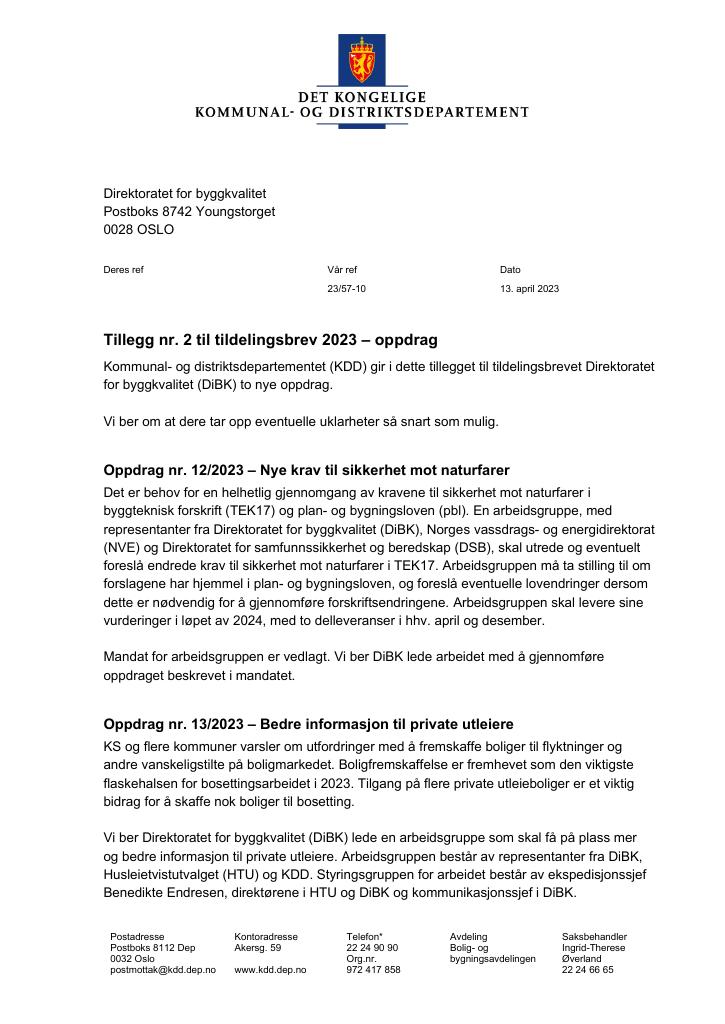 Tildelingsbrev Direktoratet For Byggkvalitet 2023 - Tillegg Nr. 2 - Kudos