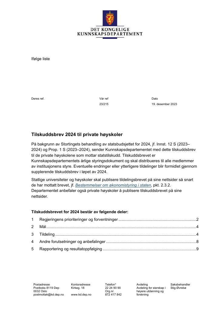 Forsiden av dokumentet Tilskuddsbrev private høyskoler 2024