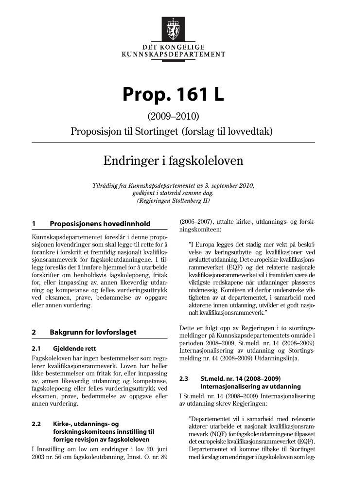 Forsiden av dokumentet Prop. 161 L (2009–2010)