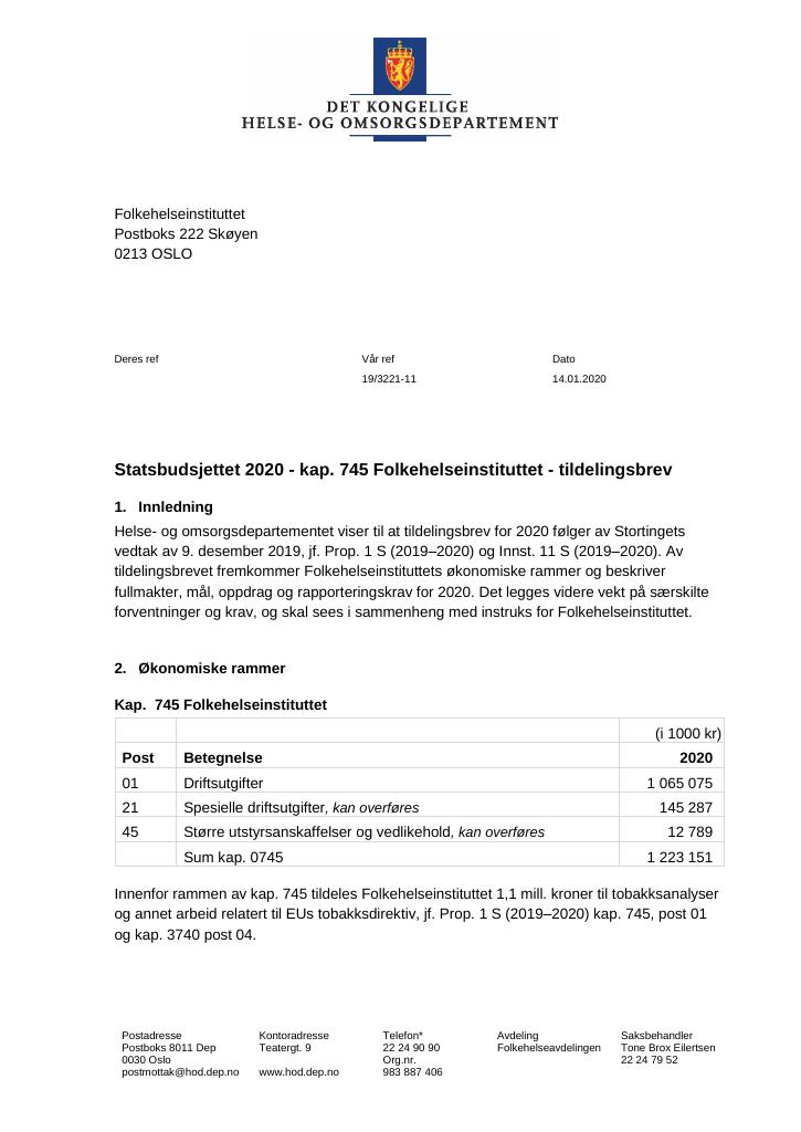 Forsiden av dokumentet Tildelingsbrev Folkehelseinstituttet 2020