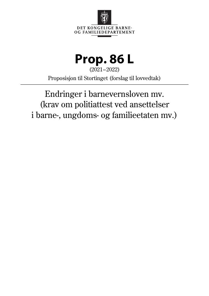 Forsiden av dokumentet Prop. 86 L (2021–2022)