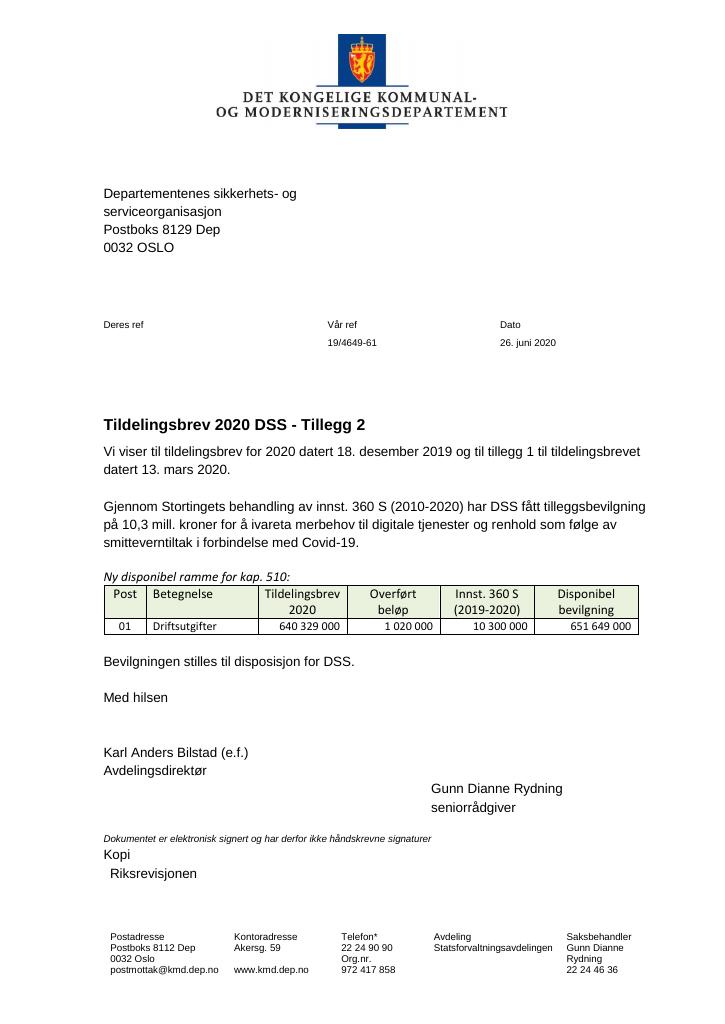 Forsiden av dokumentet Tildelingsbrev DSS 2020 - tillegg 2