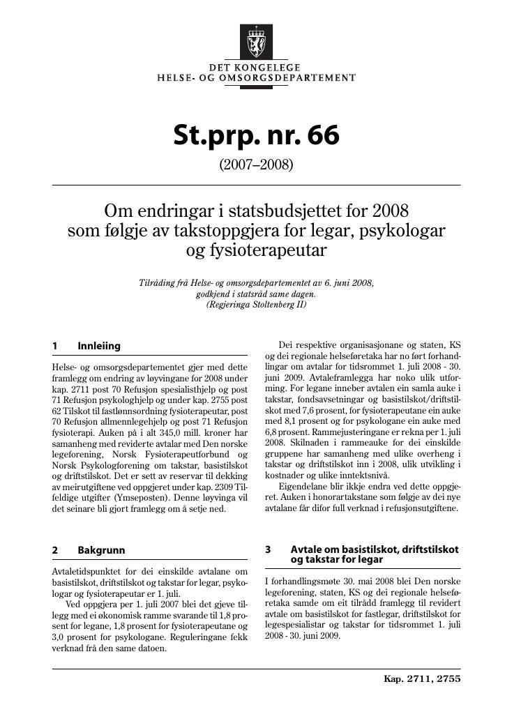 Forsiden av dokumentet St.prp. nr. 66 (2007-2008)