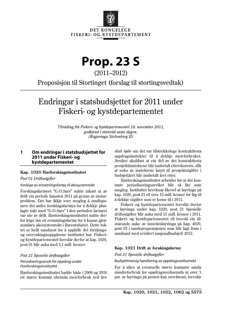 Forsiden av dokumentet Prop. 23 S (2011–2012)