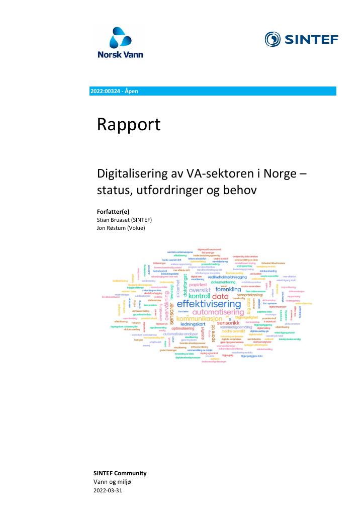 Forsiden av dokumentet Digitalisering av VA-sektoren i Norge - status, utfordringer og behov