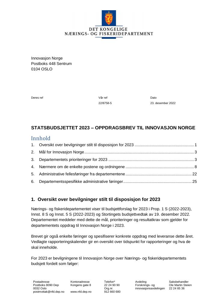 Forsiden av dokumentet Oppdragsbrev Innovasjon Norge 2023