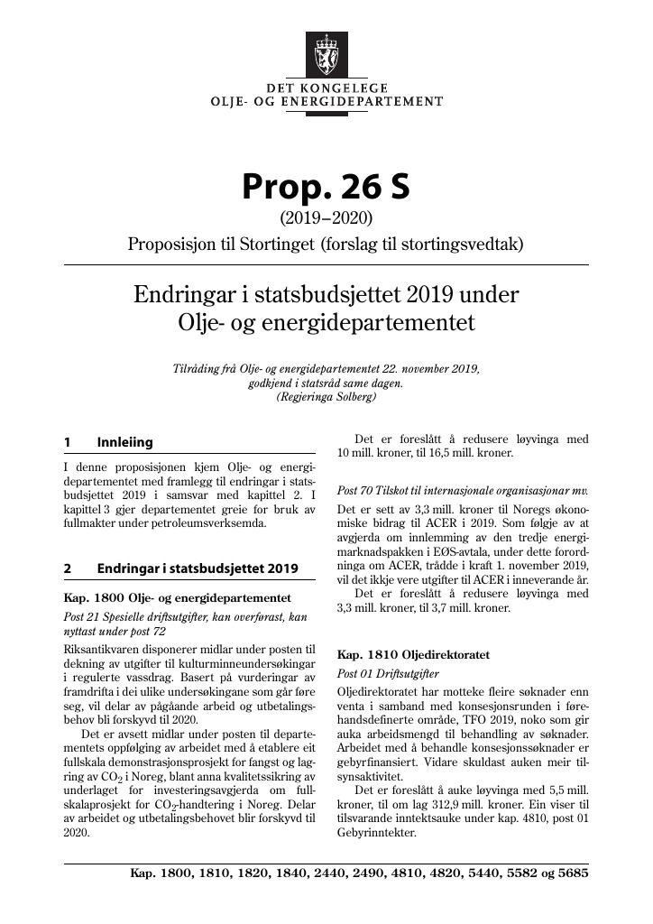 Forsiden av dokumentet Prop. 26 S (2019–2020)