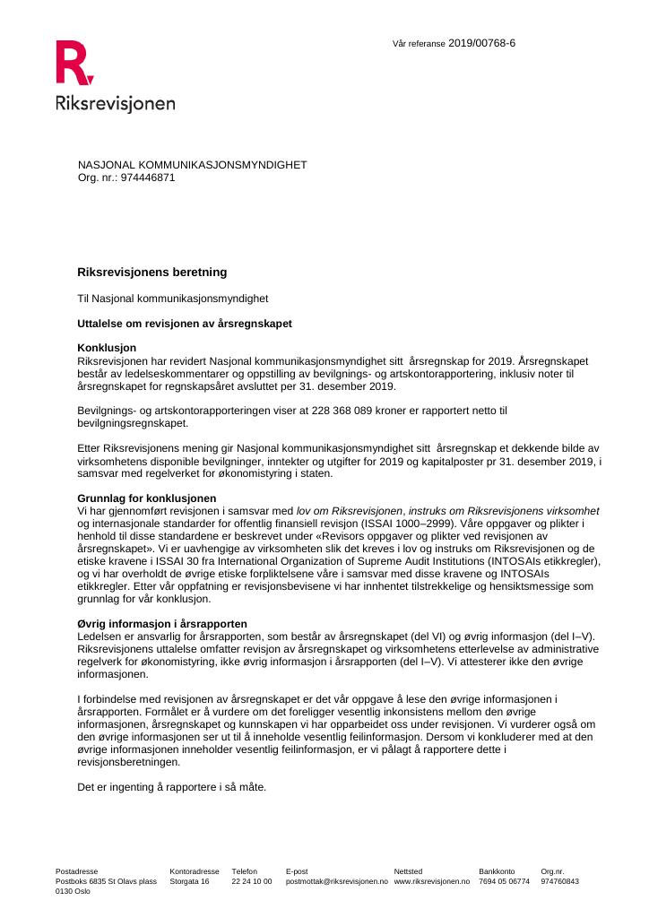 Forsiden av dokumentet revisjonsberetning(pdf)