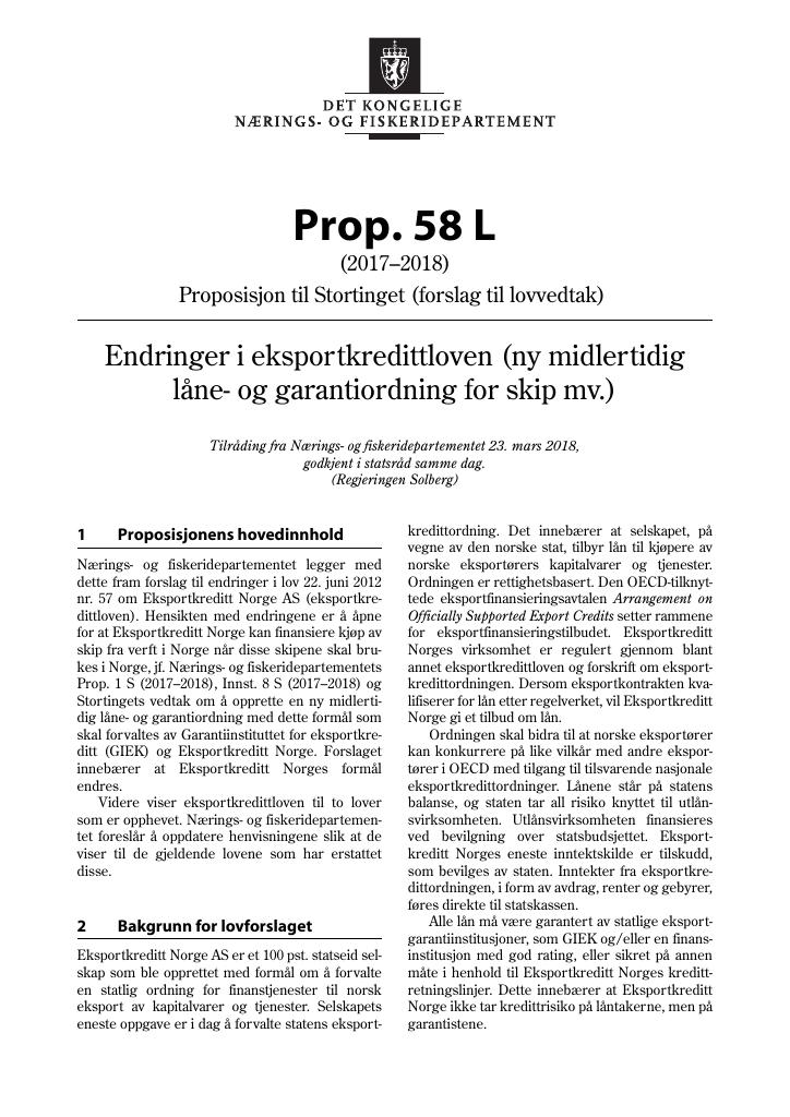 Forsiden av dokumentet Prop. 58 L (2017–2018)