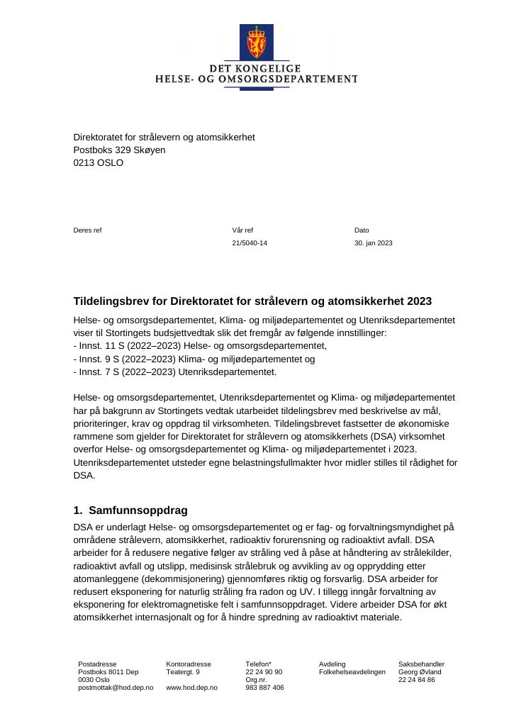 Forsiden av dokumentet Tildelingsbrev Direktoratet for strålevern og atomsikkerhet 2023