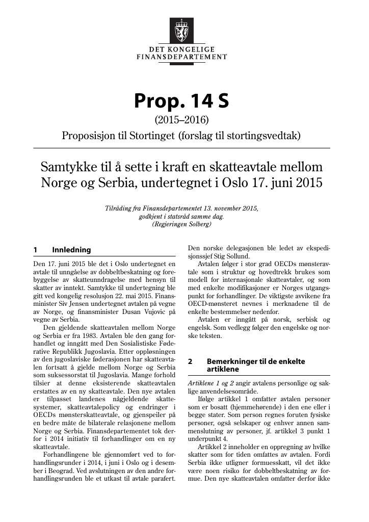 Forsiden av dokumentet Prop. 14 S (2015–2016)