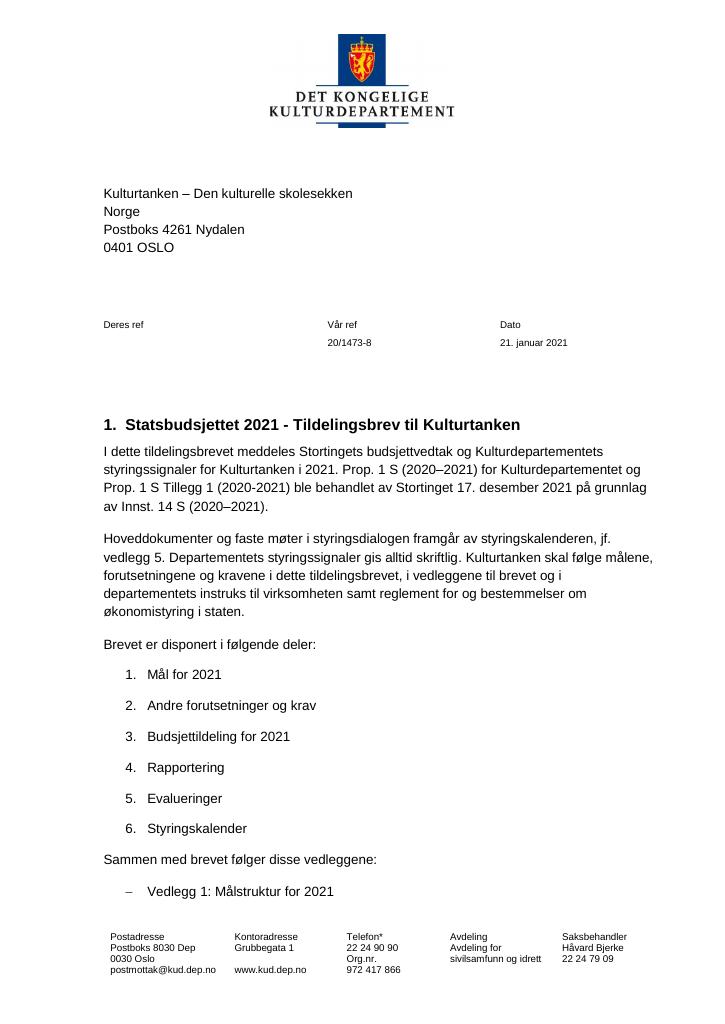 Forsiden av dokumentet Tildelingsbrev Kulturtanken 2021