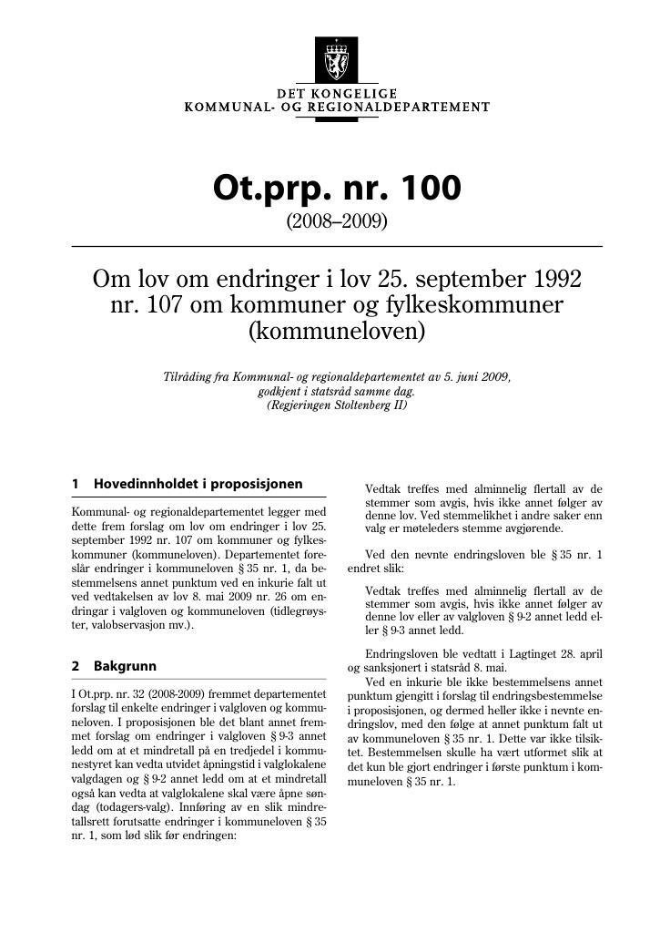 Forsiden av dokumentet Ot.prp. nr. 100 (2008-2009)