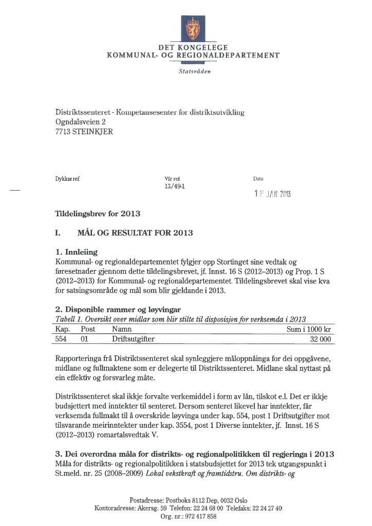 Forsiden av dokumentet Tildelingsbrev (pdf)