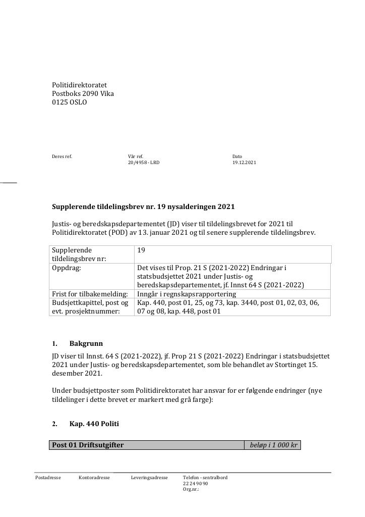 Forsiden av dokumentet Tildelingsbrev Politidirektoratet 2022 - tillegg nr. 19