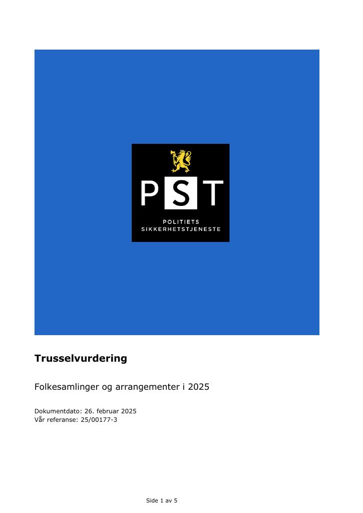 Forsiden av dokumentet Trusselvurdering - Folkesamlinger og arrangementer i 2025
