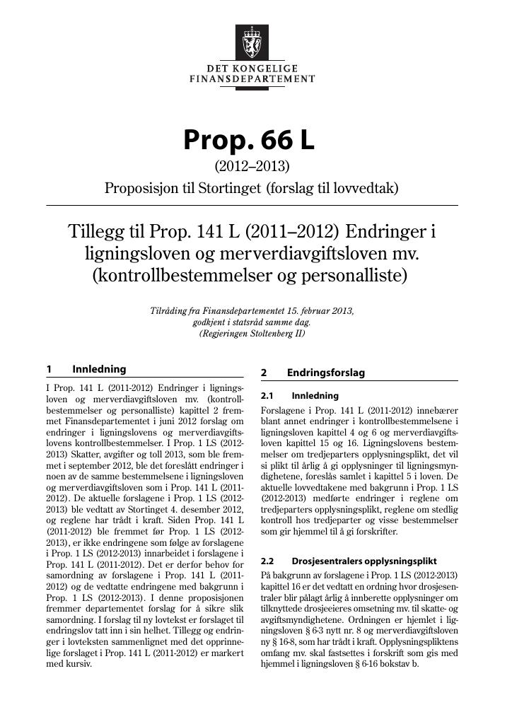 Forsiden av dokumentet Prop. 66 L  (2012–2013)