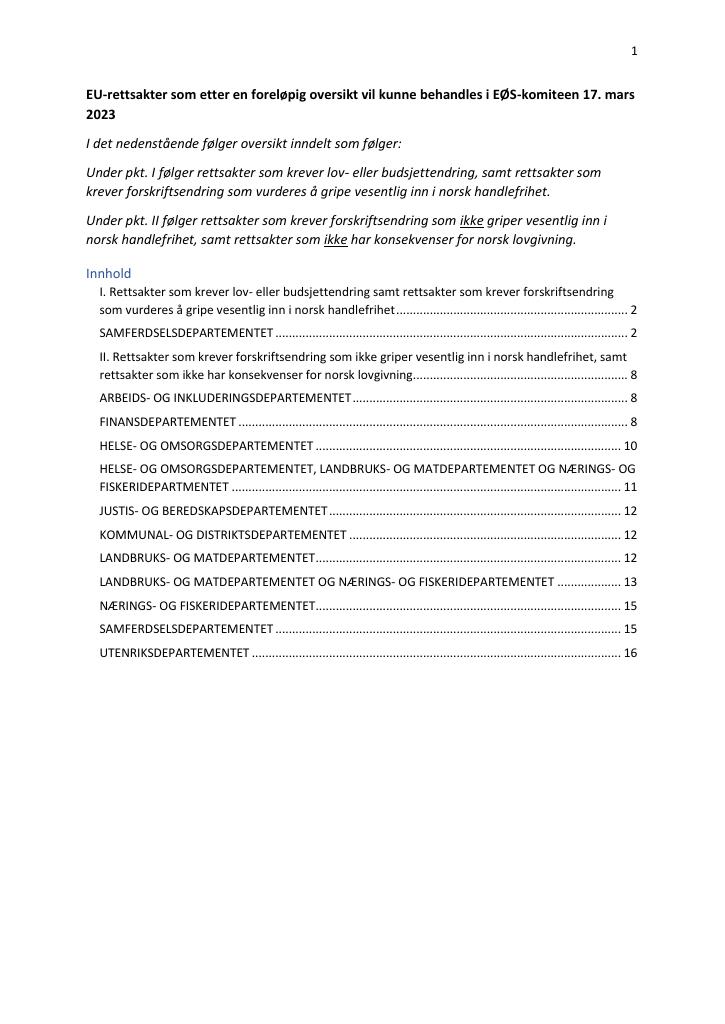 Forsiden av dokumentet Aktuelle rettsakter for EØS-komiteen 17. mars 2023