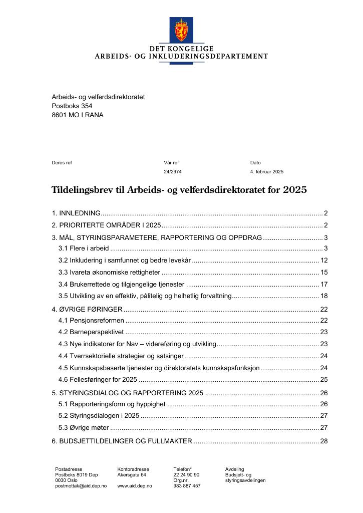 Forsiden av dokumentet Tildelingsbrev Arbeids- og velferdsdirektoratet 2025