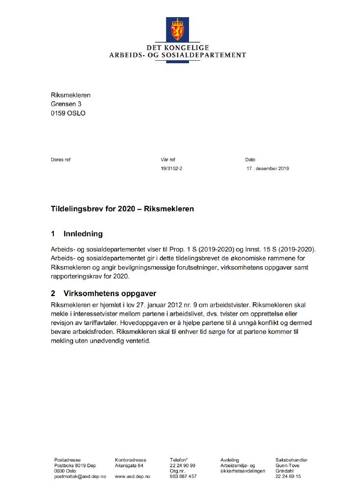 Forsiden av dokumentet Tildelingsbrev Riksmekleren 2020