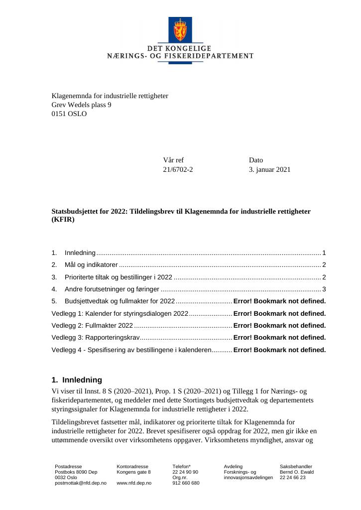 Forsiden av dokumentet Tildelingsbrev Klagenemnda for industrielle rettigheter (KFIR) 2022
