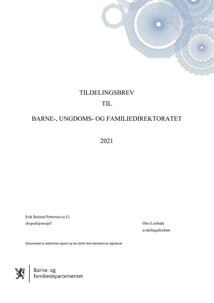 Forsiden av dokumentet Tildelingsbrev Bufdir 2021