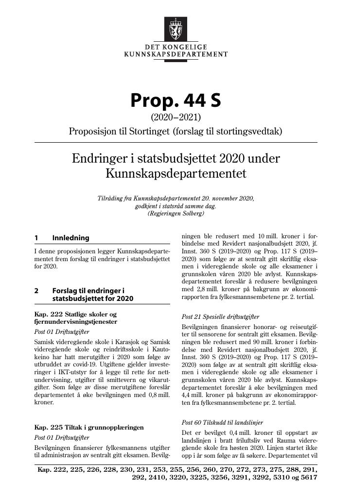 Forsiden av dokumentet Prop. 44 S (2020–2021)