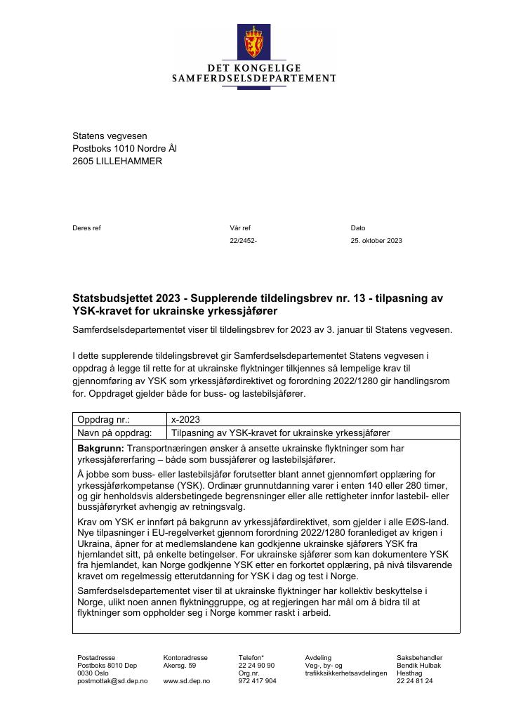 Forsiden av dokumentet Tildelingsbrev Statens vegvesen 2023 - tillegg nr. 13