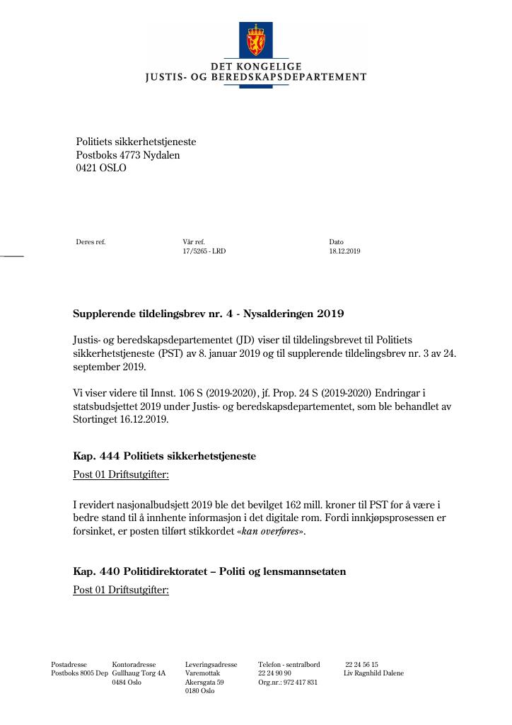 Forsiden av dokumentet Supplerende tildelingsbrev nr. 4 Politiets sikkerhetstjeneste 2019