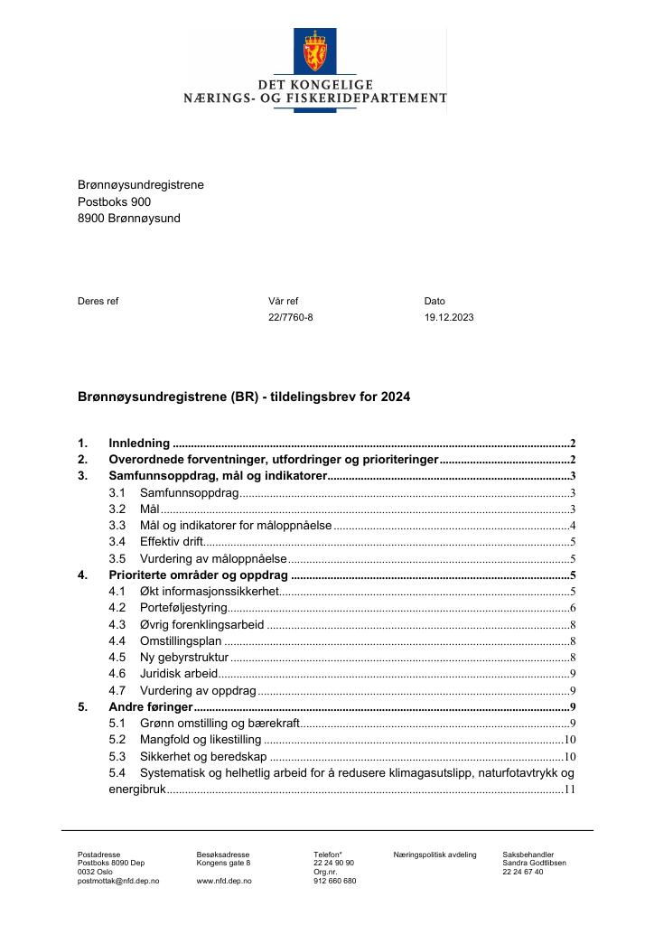 Forsiden av dokumentet Tildelingsbrev Brønnøysundregistrene 2024