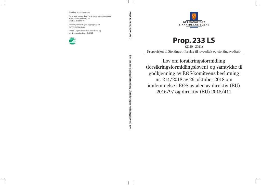 Forsiden av dokumentet Prop. 233 LS (2020–2021)