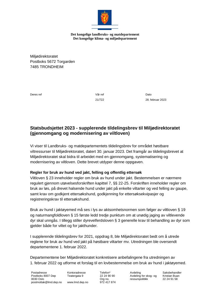 Forsiden av dokumentet Supplerende tildelingsbrev