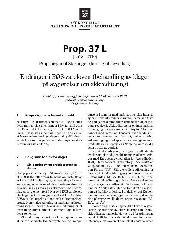 Forsiden av dokumentet Prop. 37 L (2018–2019)