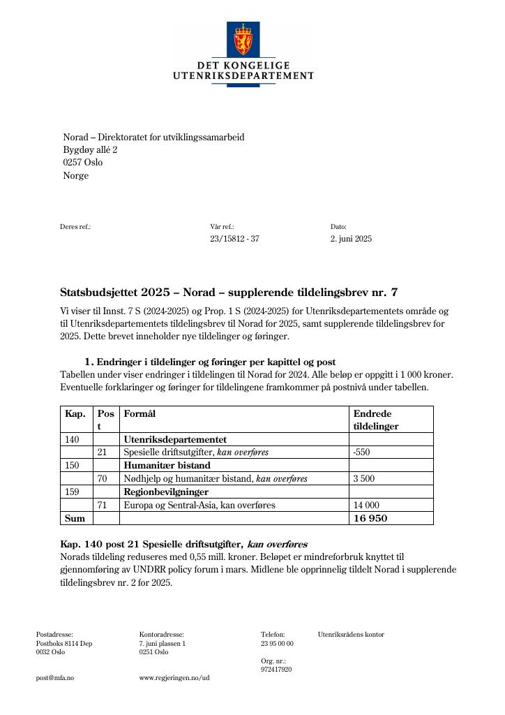 Forsiden av dokumentet Tildelingsbrev Norad 2025 - tillegg nr. 7