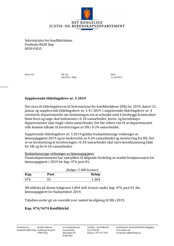 Forsiden av dokumentet Supplerende tildelingsbrev nr. 5 Sekretariatet for konfliktrådene 2019