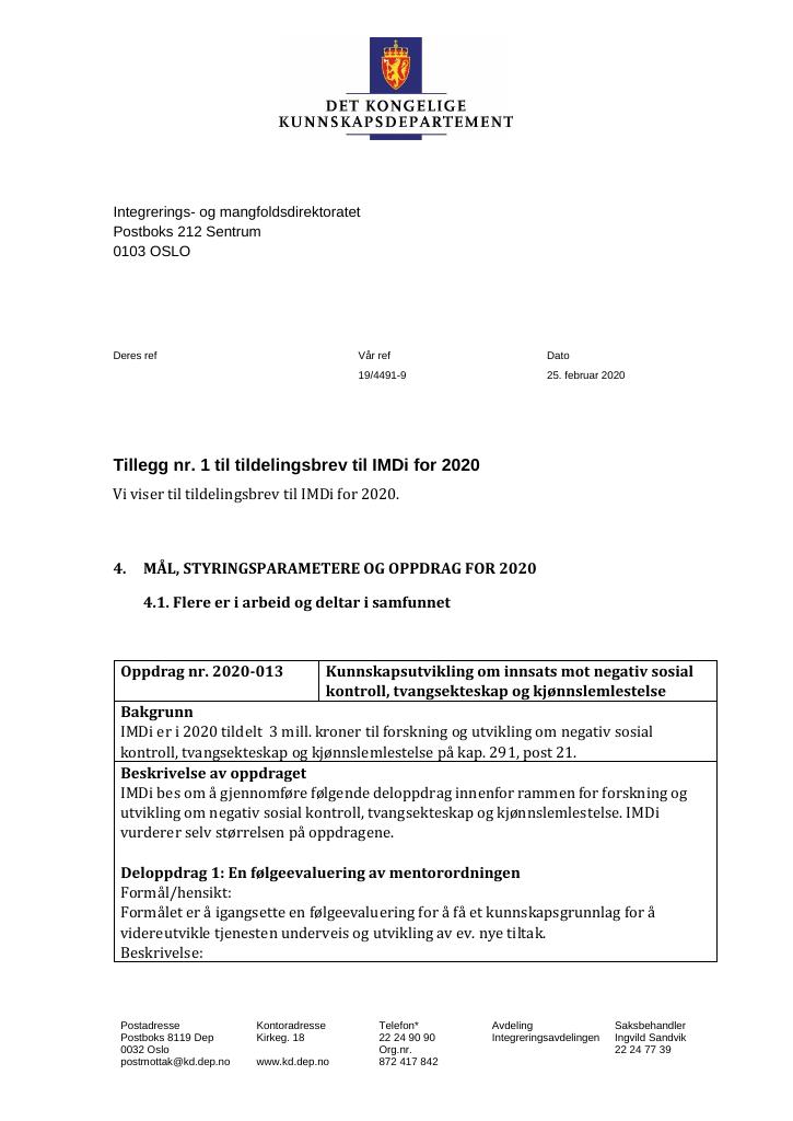 Forsiden av dokumentet Tildelingsbrev Integrerings- og mangfoldsdirektoratet (IMDi) 2020 - tillegg nr. 1