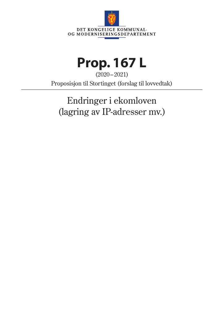 Forsiden av dokumentet Prop. 167 L (2020–2021)