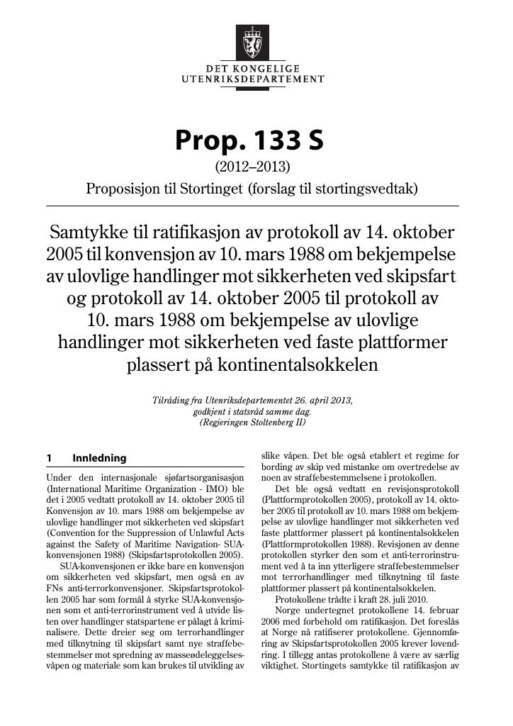 Forsiden av dokumentet Prop. 133 S  (2012–2013)