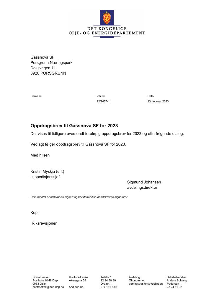 Forsiden av dokumentet Oppdragsbrev Gassnova SF 2023