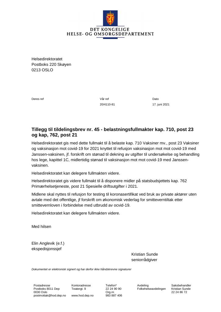 Forsiden av dokumentet Tildelingsbrev Helsedirektoratet 2021 - tillegg nr. 45