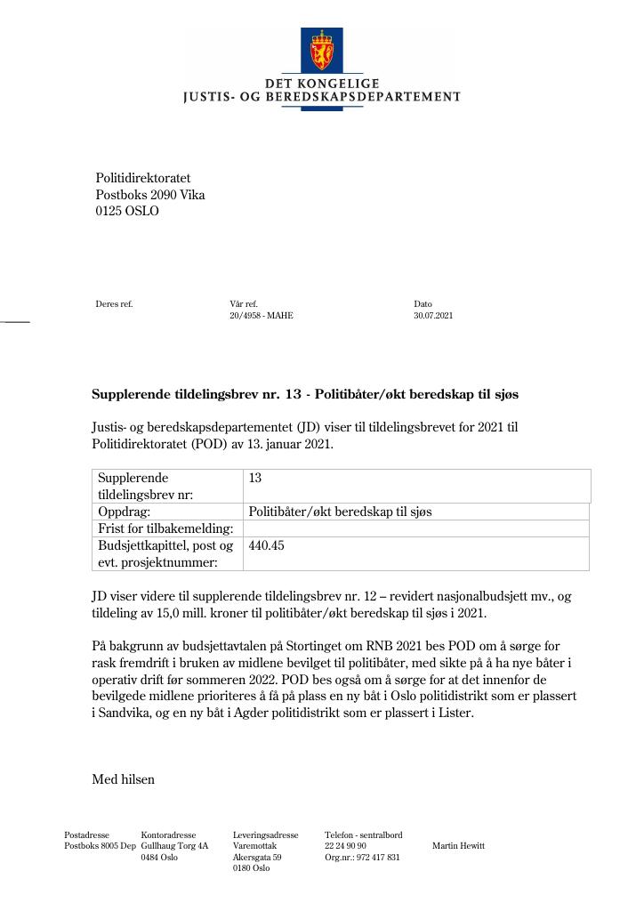 Forsiden av dokumentet Tildelingsbrev Politidirektoratet 2021 - tillegg nr. 13