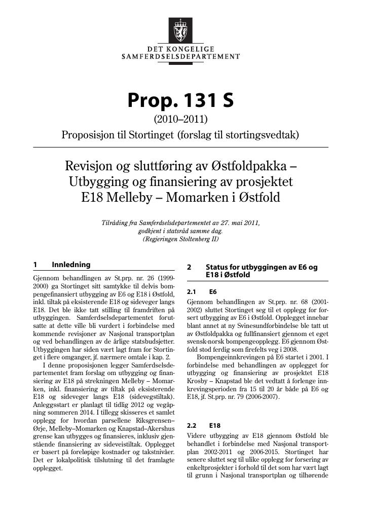 Forsiden av dokumentet Prop. 131 S  (2010–2011)